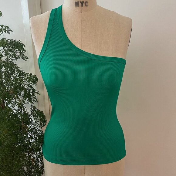 FORTE FORTE One-Shoulder Ribbed-Knit Tank Top in Fern Green Size Medium - Picture 9 of 9